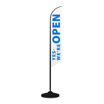 feather banner announcing location is open