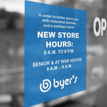 window cling with updated store hours