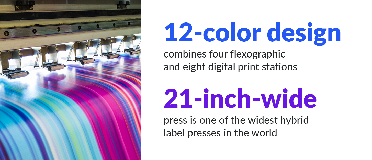 12-color design combines four flexographic and eight digital print stations; 21-inch wide press is one of the widest hybrid label presses in the world.
