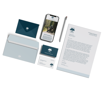 insurance communications with corporate branding on letters emails envelopes and business cards