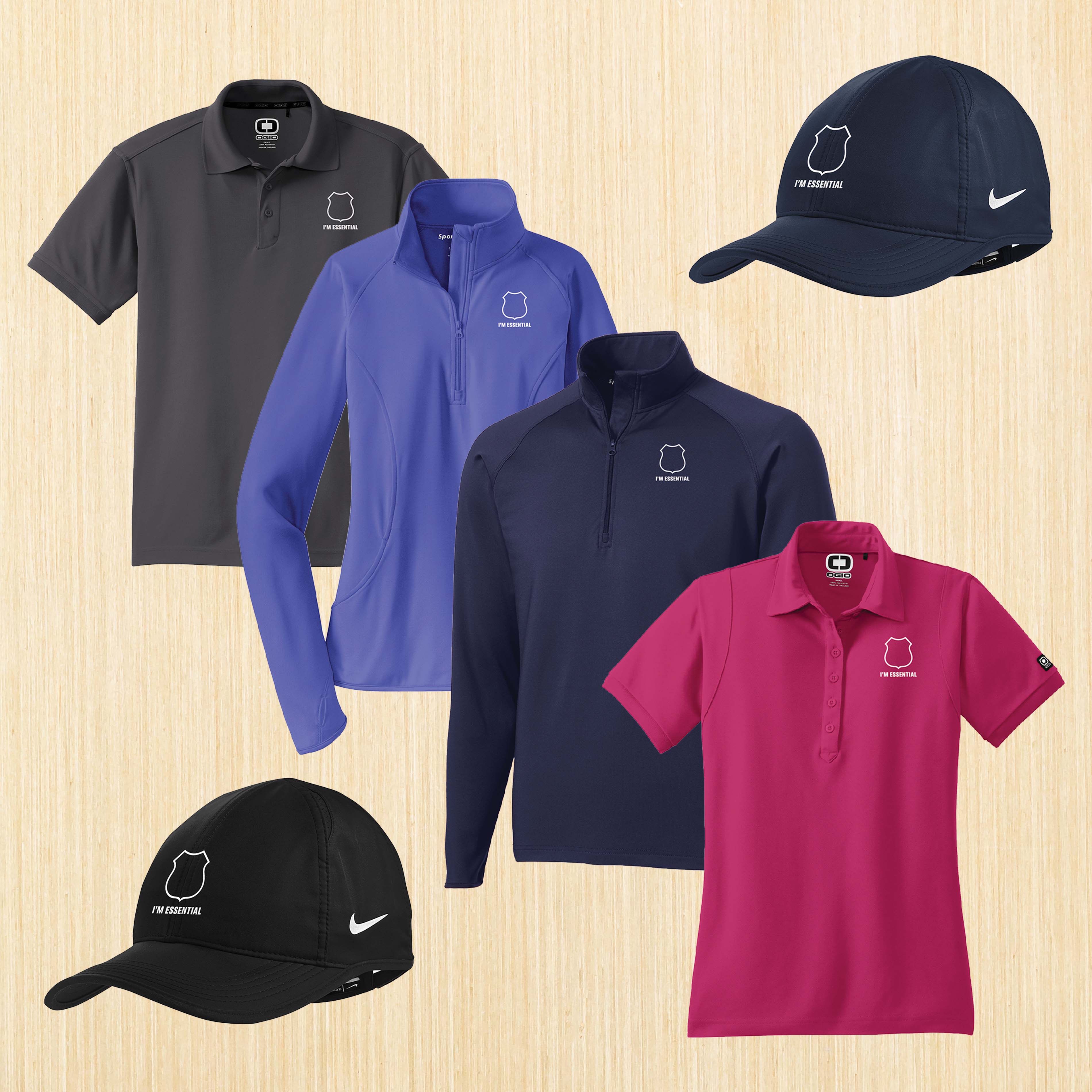 polos, pullovers and baseball caps with company logo