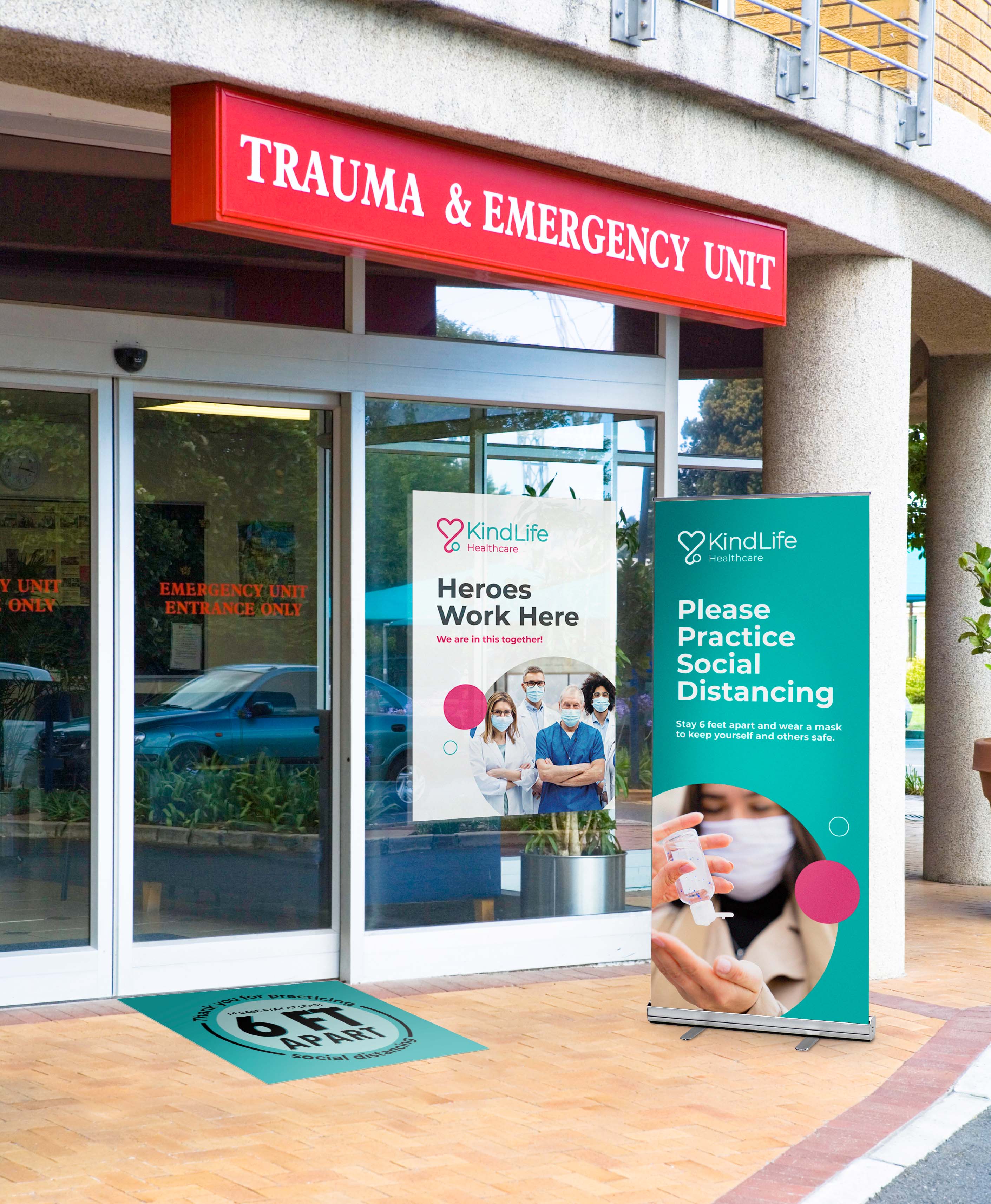 safety floor decal, poster, banner stand and partition in hallway