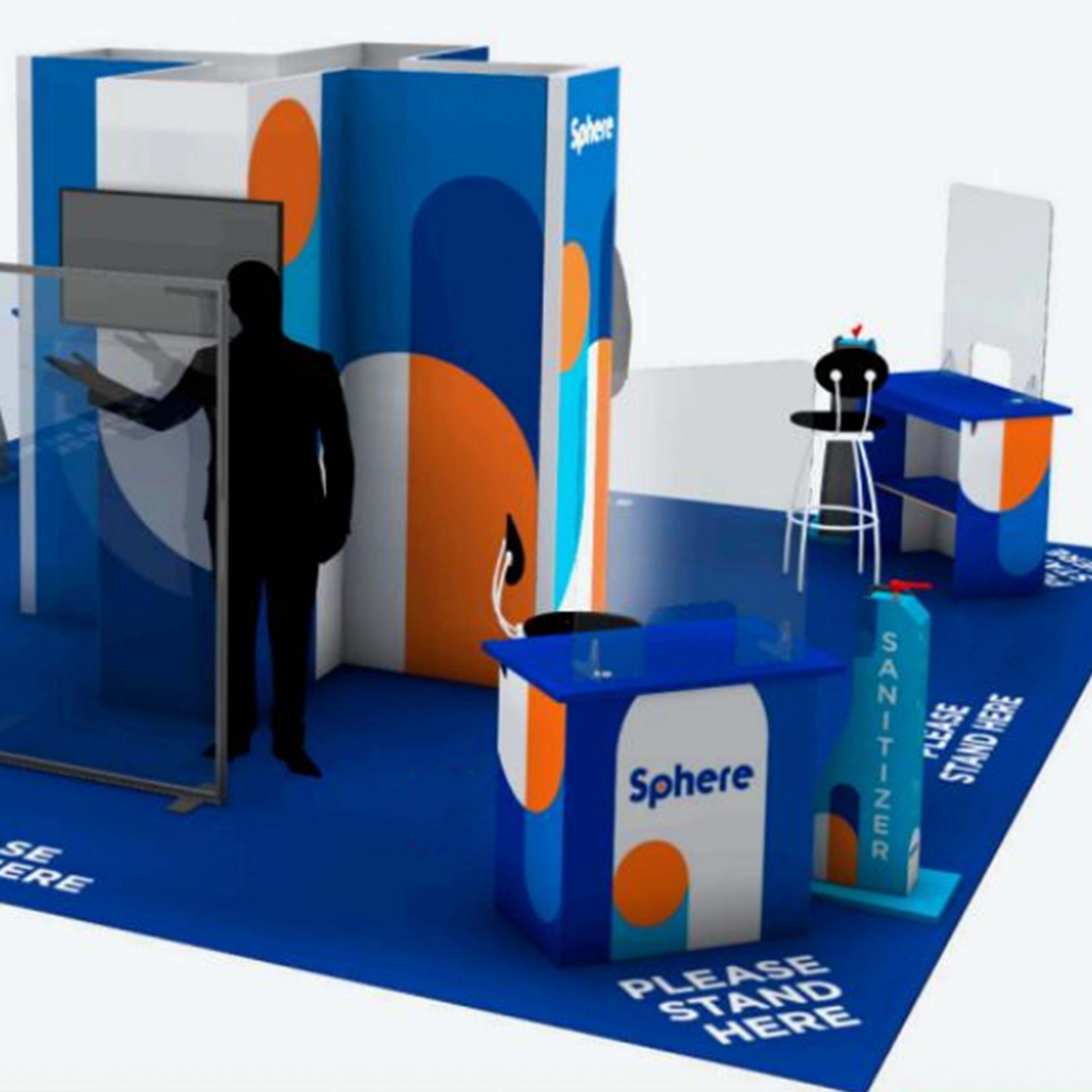 trade show booth with safety signage, kiosks and partitions 