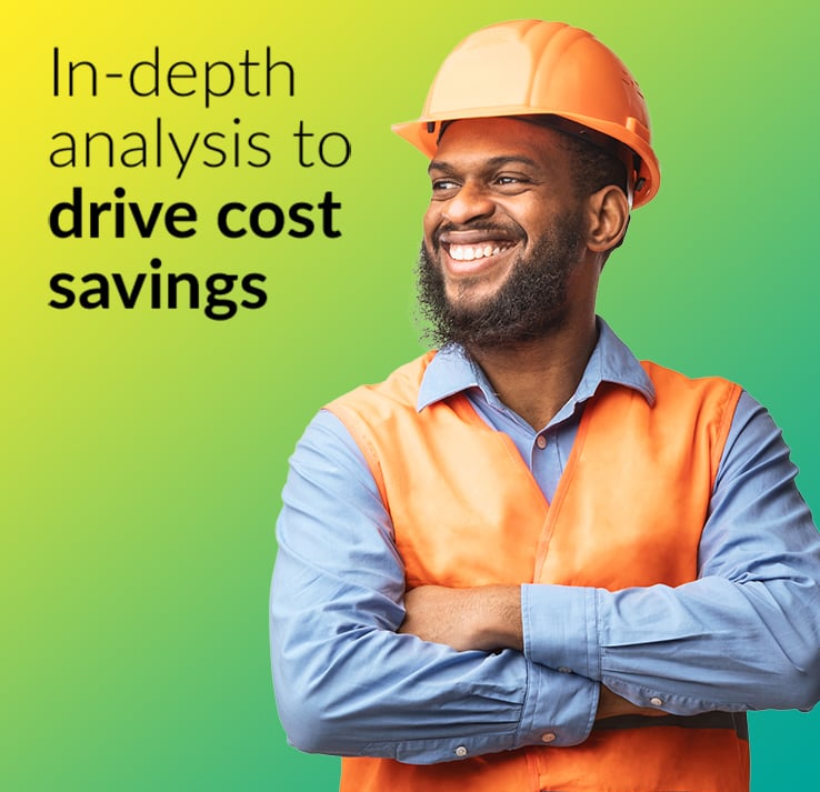 Manufacturing worker on gradient background with the words “In-depth analysis to drive cost savings” above him