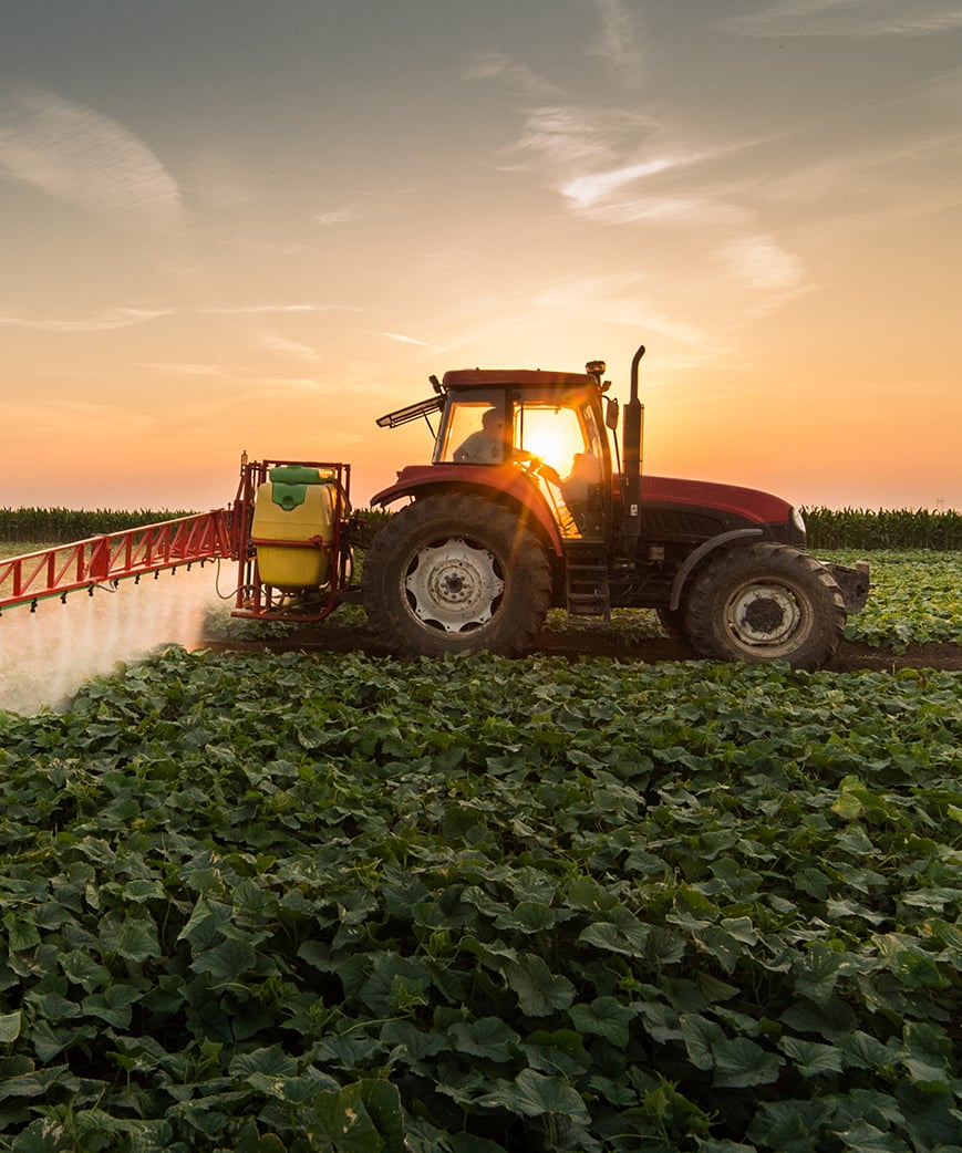 Tractor spraying field of soybeans with fertilizer