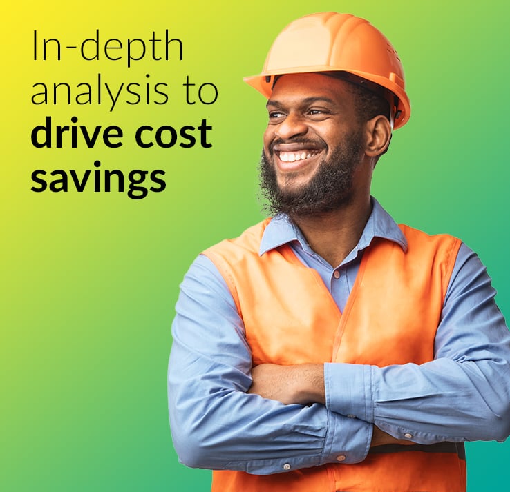 Manufacturing worker on gradient background with the words “In-depth analysis to drive cost savings” above him