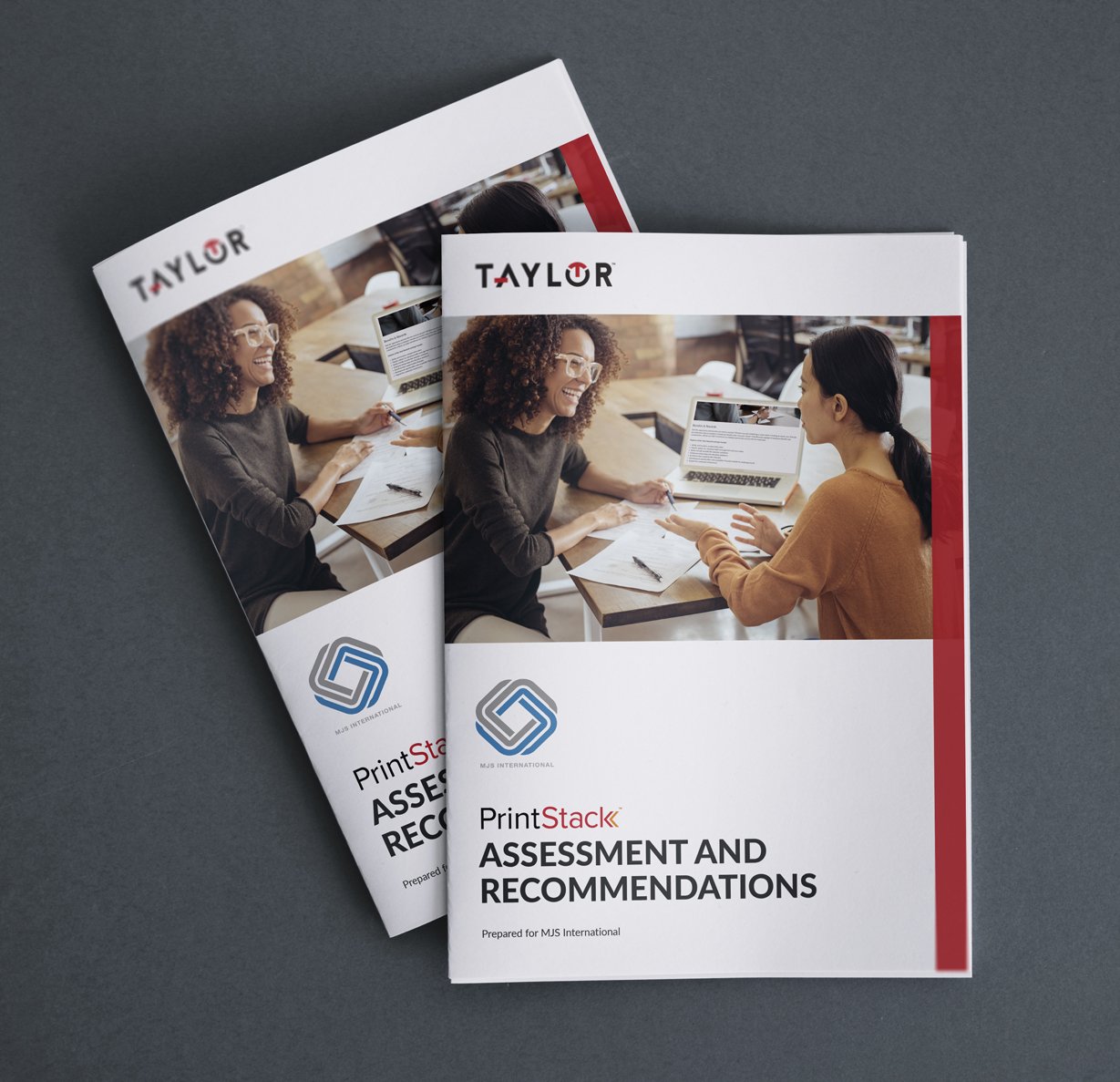 Two printed reports detailing PrintStack Assessment and Recommendations for a client