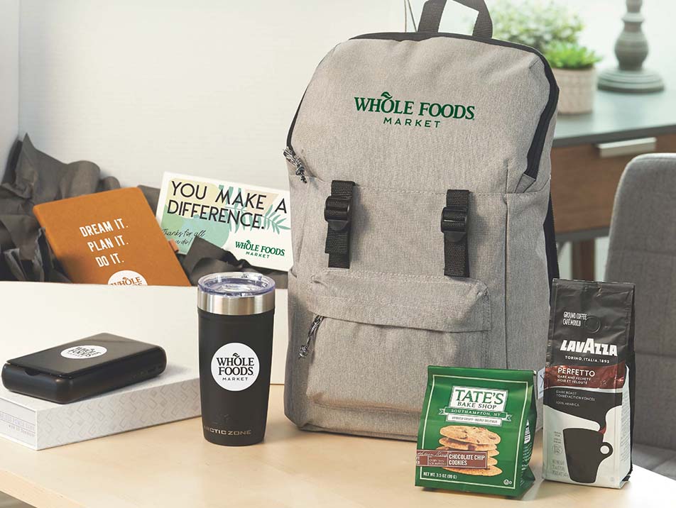 backpack, thermos, cookies, coffee and other promo kit items