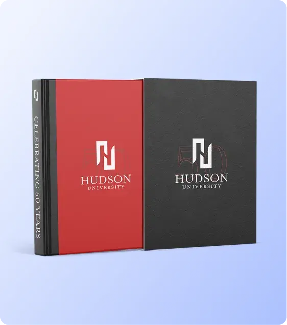 Hardcover commemorative book designed to celebrate a milestone anniversary with custom branding