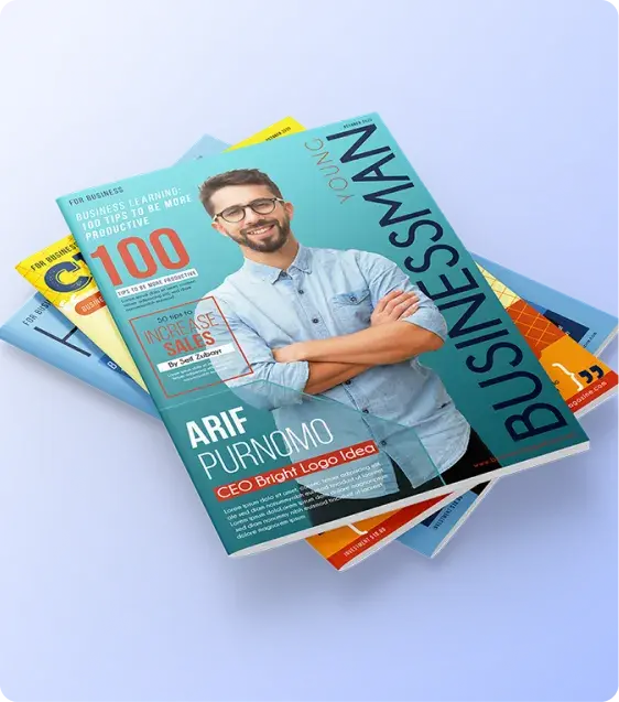 Custom printed business magazines with full-color covers, editorial layouts, and premium print finishes
