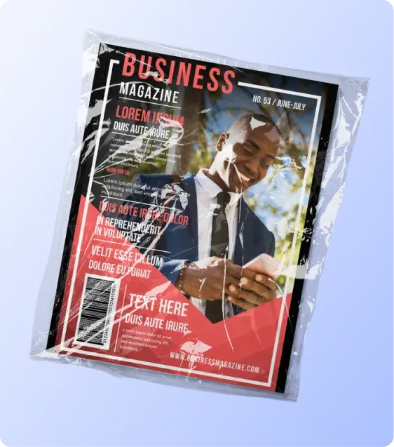 Printed magazine enclosed in protective poly wrap for mailing and distribution