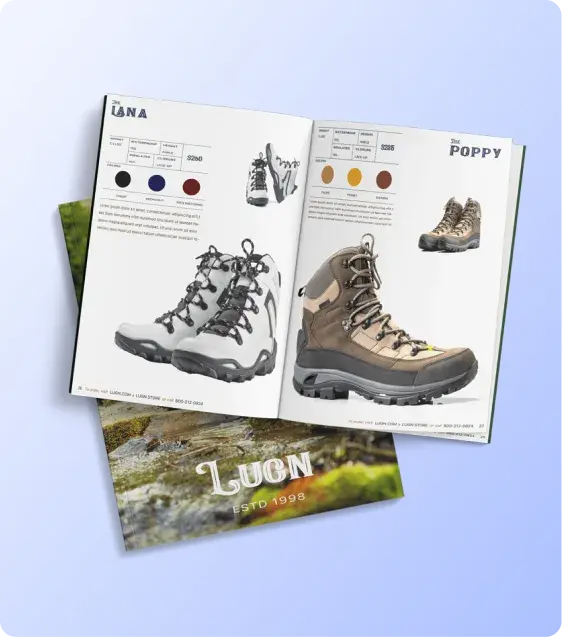 Product catalog spread featuring lifestyle photography, product specifications, and pricing information