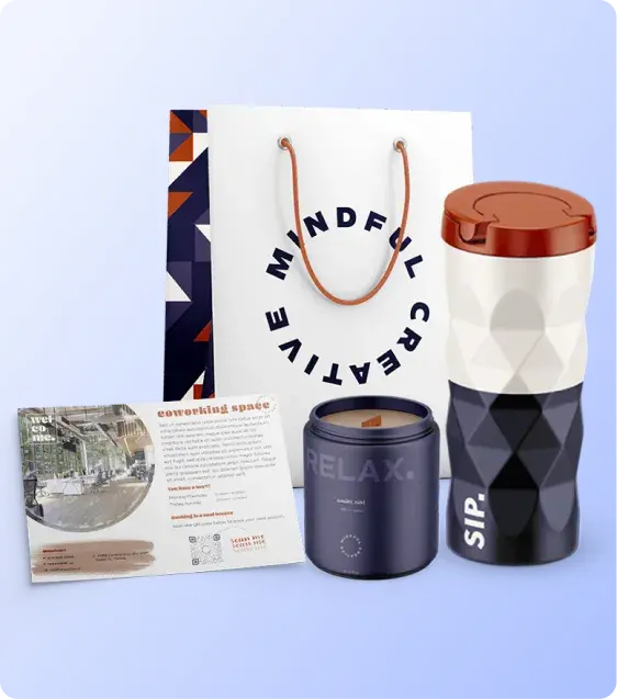 Employee or customer welcome kit containing branded promotional products and printed materials