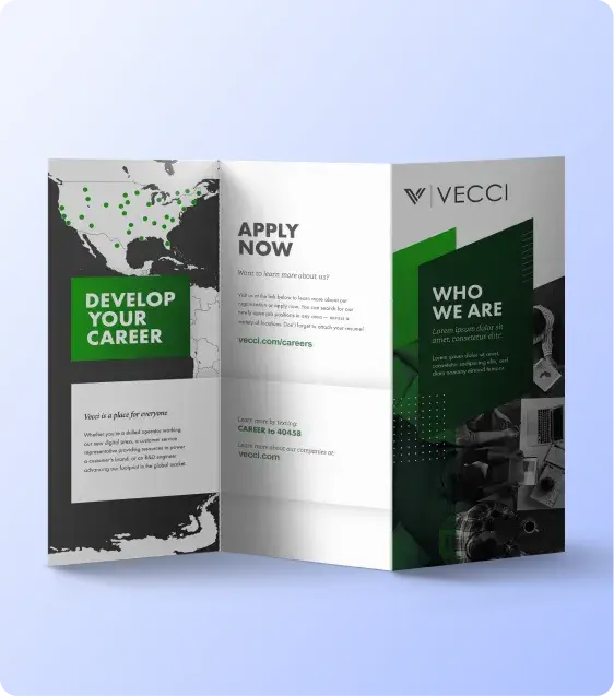 Tri-fold marketing brochure featuring company branding, promotional messaging, and product information