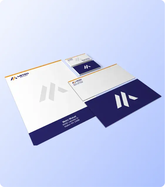 Coordinated business stationery set including letterhead, envelopes, and branded print materials