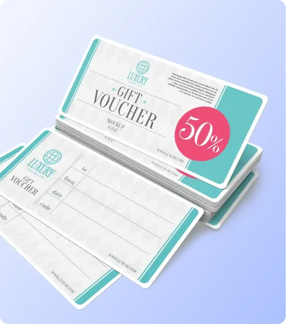Promotional coupon and voucher cards designed for customer discounts and special offers