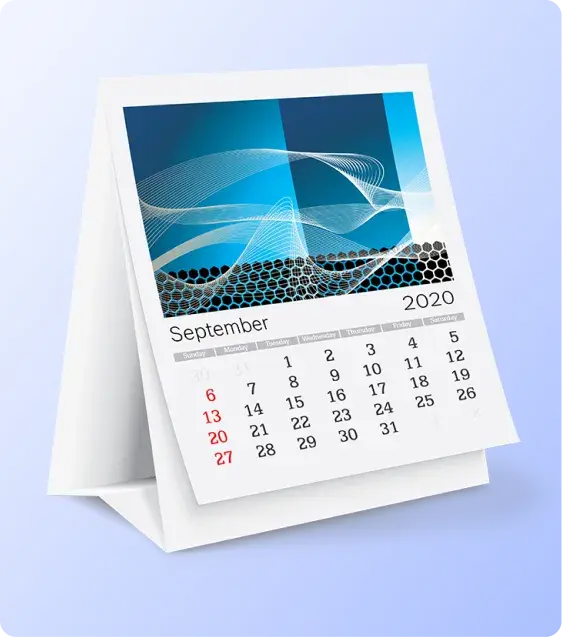 Custom desktop calendar displaying monthly dates and branded artwork