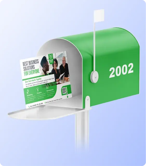 Direct mail postcard displayed in a mailbox as part of a printed marketing campaign