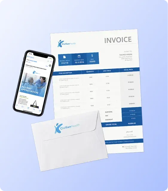 Healthcare communication materials including statements, envelopes, and mobile messaging assets