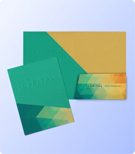 Custom presentation folder with branded design and coordinated marketing materials