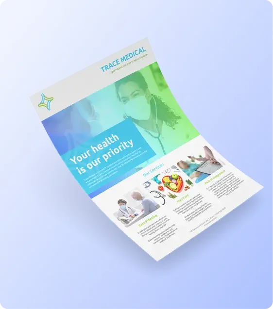 Full-color marketing flyer featuring healthcare services, imagery, and promotional content