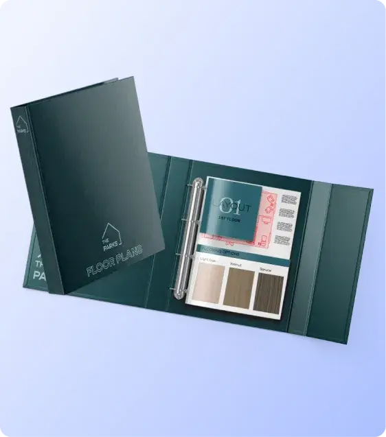 Custom sales kit binder with product samples, printed collateral, and presentation materials for customer meetings