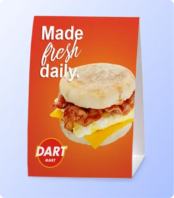 Table tent promotional sign displaying foodservice advertising and product messaging