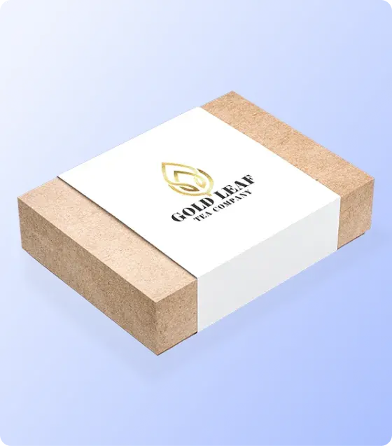 Product box secured with a custom printed belly band featuring branded graphics and messaging