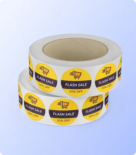 Roll of custom printed product labels for branding, promotions, and packaging applications