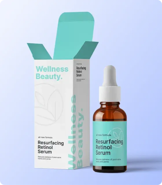 Custom folding carton packaging for a skincare product with coordinated product labeling