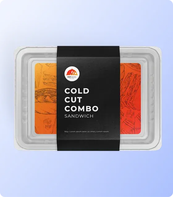 Food tray packaging with printed wrap label for product identification and merchandising