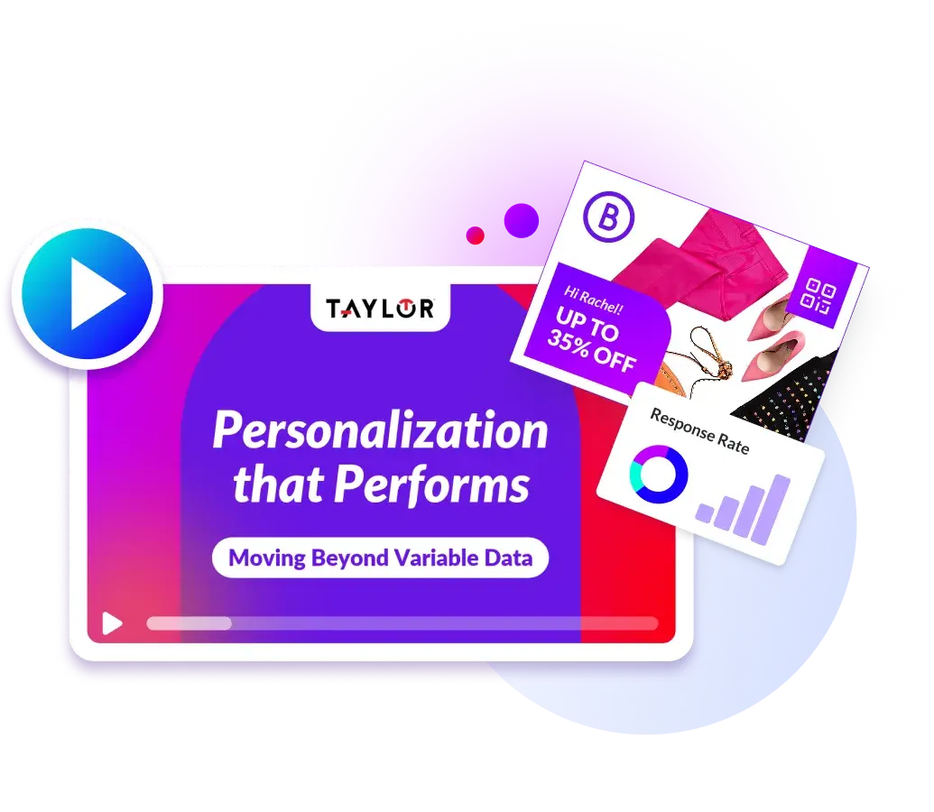 Personalization that Performs webinar artwork with a targeted direct mail postcard and response-rate graphics