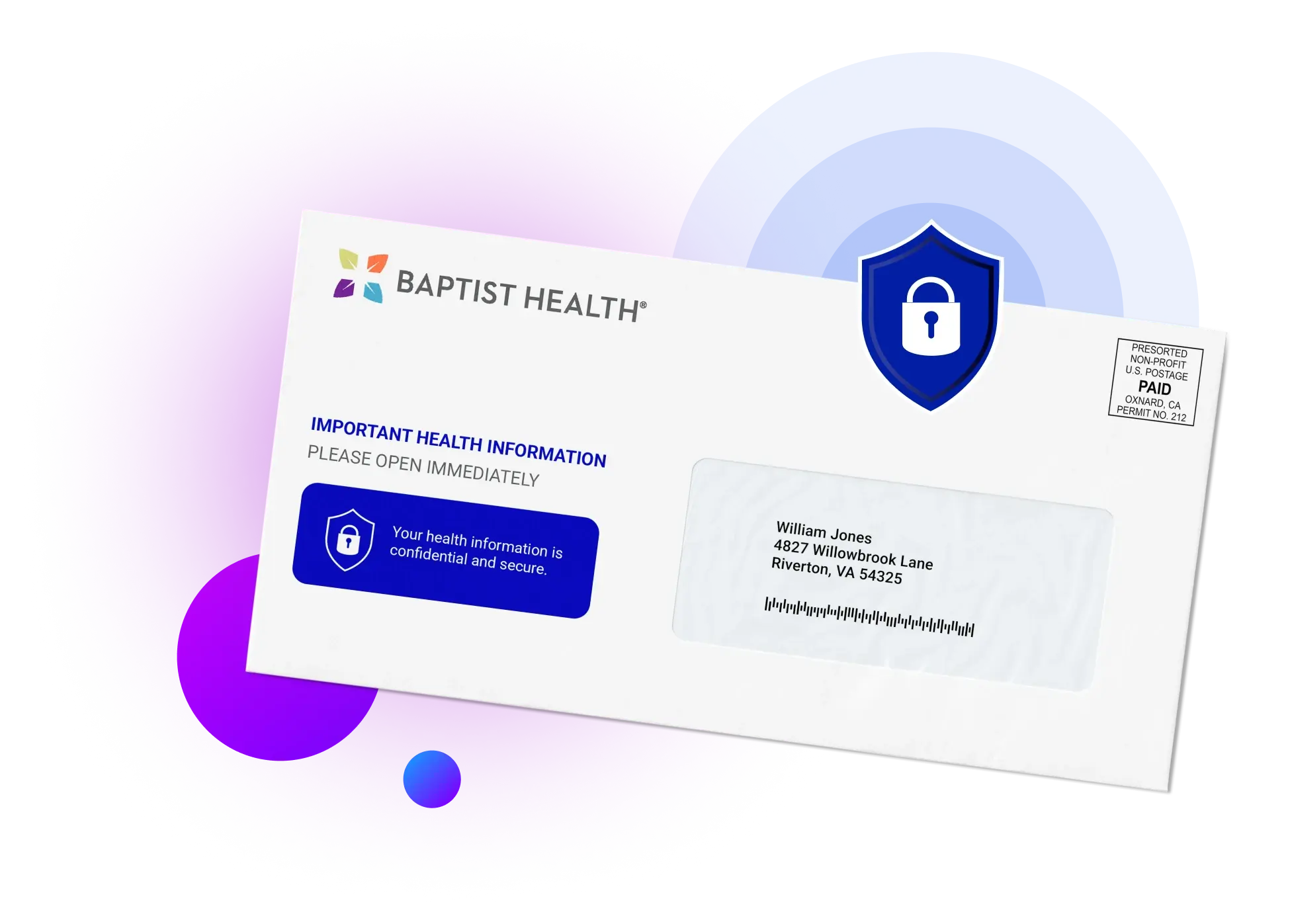 Healthcare direct mail envelope with a shield and lock illustrating secure customer data
