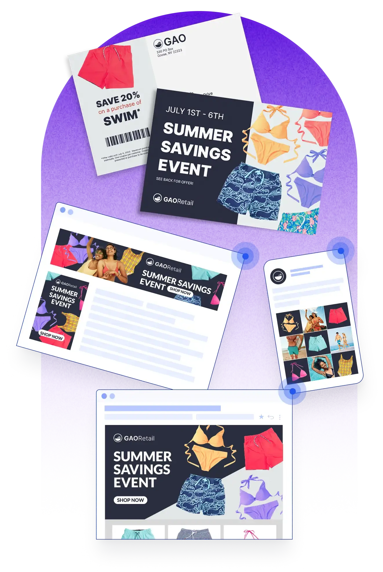 Coordinated retail campaign across direct mail postcards, digital ads, mobile messaging and email